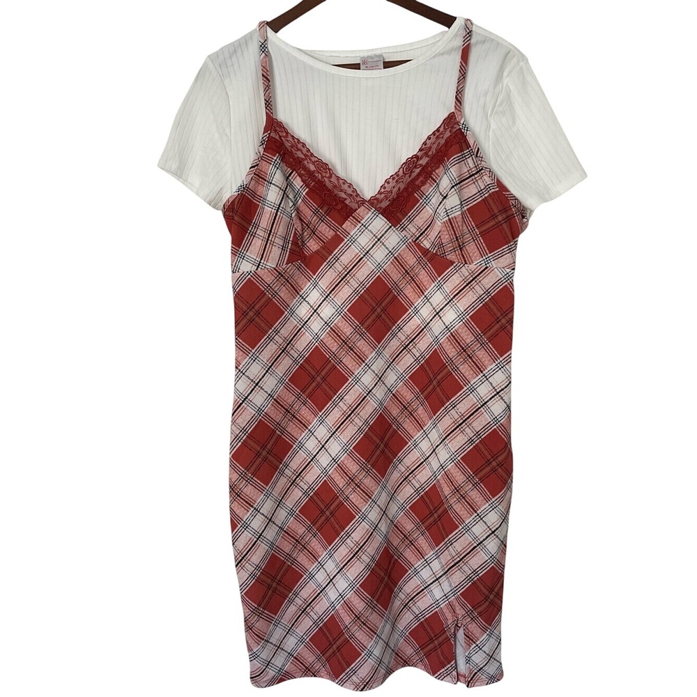No Boundaries XL Plaid Twofer Mini Dress Lace Baby Tee Y2K Grunge 90s 15-17